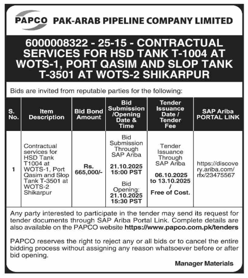 Pak-Arab Pipeline Company Limited Tender Notice